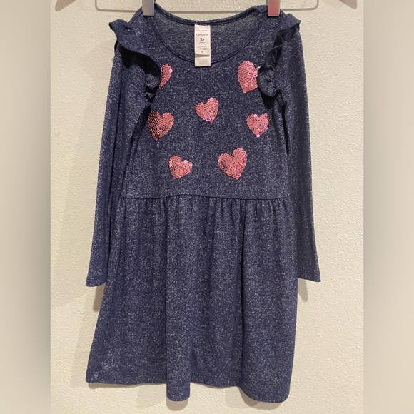 Carter’s 3 T Navy Knit dress with sequins pink hearts. - Picture 1 of 5